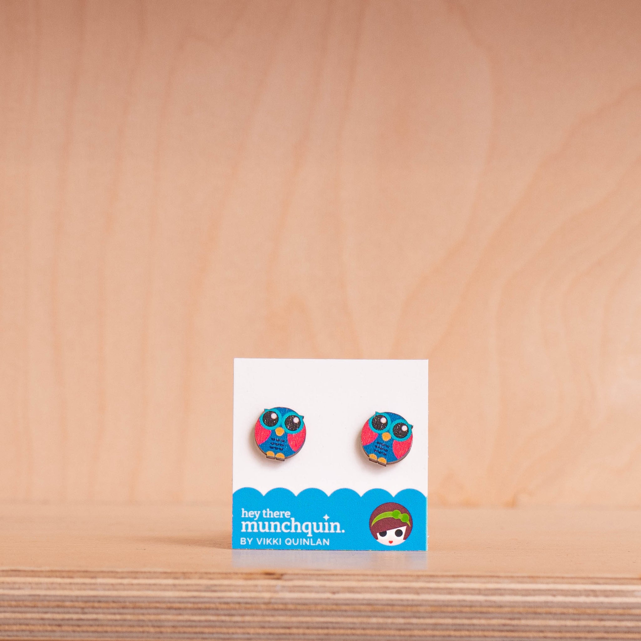 Hey There Munchquin - Little Wise Owl - Eco Friendly Wooden Stud Earrings