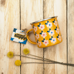 Enamel Happy Retro Floral Mug- Honey Yellow