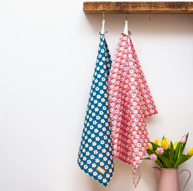 Enamel Happy Retro Tea Towel Twin Pack - Rose Pink / Midnight Navy